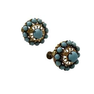 Vintage 1920s Czech Czecho Gold Tone Filigree Blue Beaded Screw Back Earrings